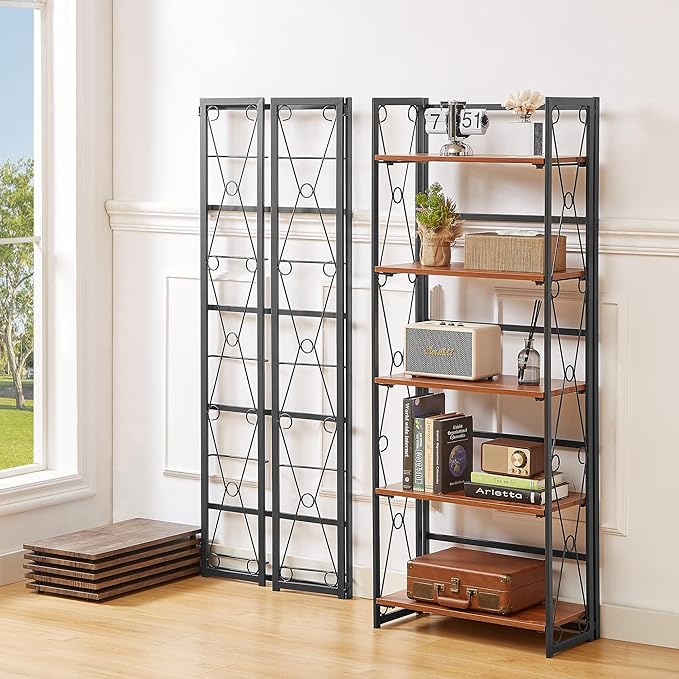 VECELO Folding Bookshelf,5 Tier Bookcase Foldable Easy Assembly, Industrial Book Shelf Storage Organizer with X Metal Frame and Anti-Toppling Design,1 Set