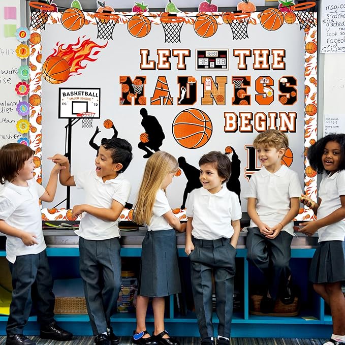 gisgfim Basketball Bulletin Board Decoration Set with Background Paper & Borders Cutouts Let The Madness Basketball Sport Bulletin Board Decor for Classroom School Game Craft Supplies(Basketball)