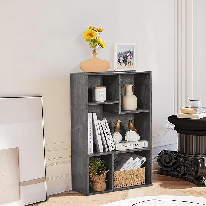 VECELO Contemporary Bookshelf, 5 Cube Shelf, Fits Tallest Hardcovers, Horizontal Available, Storage Organzier for Home Office,Gray