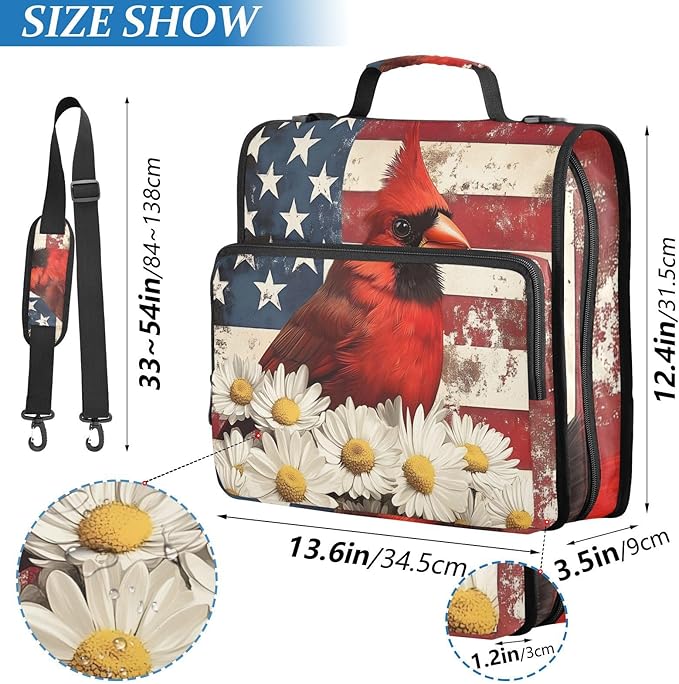 Cardinalbird American Flag Daisy Zipper Binder Bag 3 Ring Binder with Shoulder Strap Zip Up 500 Sheets Capacity Multi Pockets for School Office Supplies