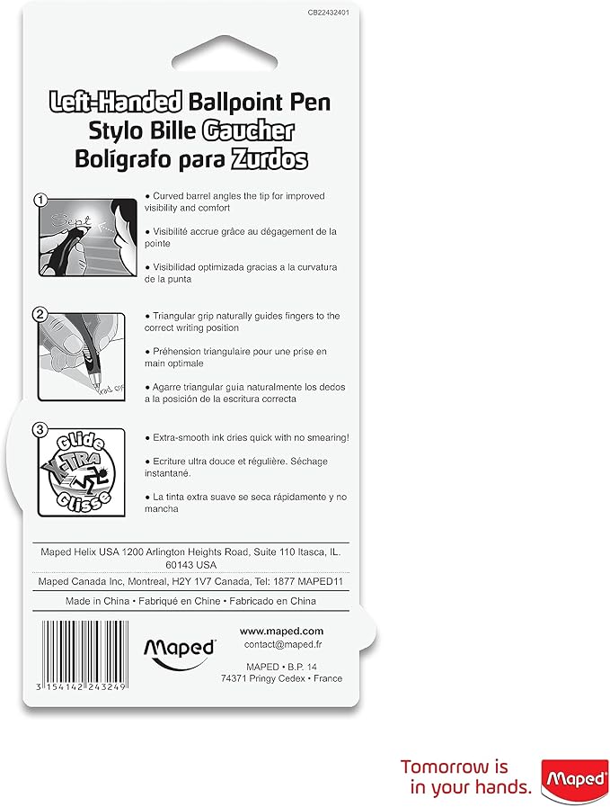Maped - Visio Left-Handed Quick-Drying Ballpoint Pen - 3 Pack - Writing Notes - Left-Handed Design - Curved Barrel for Visibility - Quick-Drying Ink, Comfortable Grip, Versatile Colors