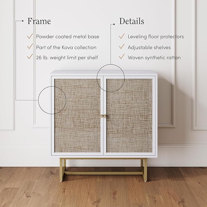 Nathan James Kova Rattan Wood Accent Natural Sideboard Storage Cabinet with Matte Metal Frame, Adjustable Interior Shelves and Cane Doors, for Hallway, Entryway or Living Room, White/Cane/Brass
