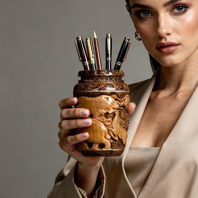 Craft Trade Hand Carved Wood Pen Holder for Desk Organizer for Home School Office Supplies Pencil Cup Pot Storage Box Suitable for Stationery - Vintage Wood