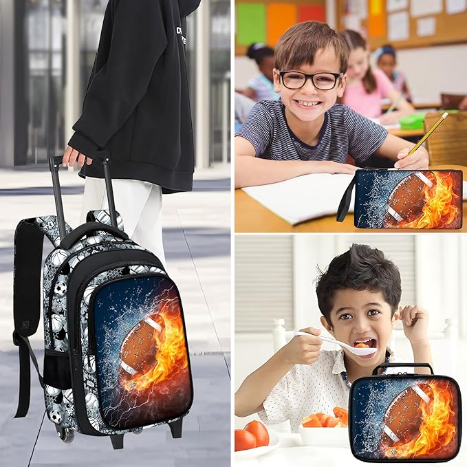 American Football Rolling Backpack for Boys - 3PCS Boys Rolling Backpack with Lunch Box Set for Kids Children Teens Elementary Middle School,Sport Roller Bookbag with Wheels for Age 6-18
