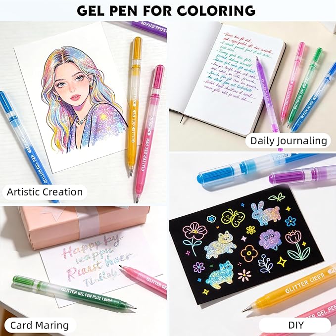 Glitter Gel Pens, 6 Colors Double Shining Colors Green Glitter Metallic Gel Ink Pen with 1.0 mm Large Capacity Smooth Writing Color Pens for Adult Coloring Note, Drawing, Art Supplies