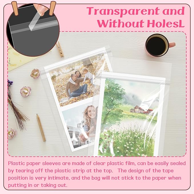 100 Pack 8 3/8 x 10 1/8 inches Crystal Clear Sleeves Storage Bags, Self Sealing Cellophane Bags Magazine Sleeves Protectors for 8x10 Photo Mats Art Prints Drawings
