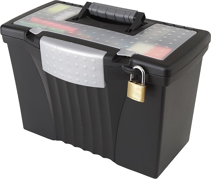 Storex Legal File Box with Organizer Lid – Plastic Office File Storage Box for Letter and Legal Hanging Folders, Obsidian, 1-Count (61510A01C)