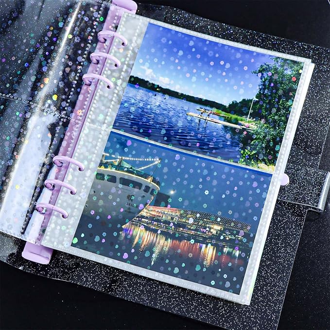A5 Photocard Sleeves 20pcs Sheet Protectors 5.2'' x 3.7'' 2 Pocket Picture Card Insets Flower Flashing Clear PP Photo Album Refill Pages for 6 Ring Binder (Flower Flashing, A5-2Pocket)