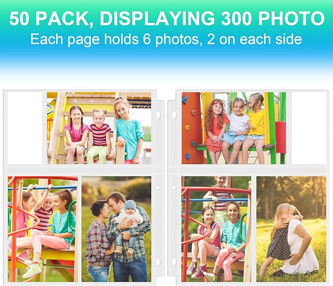 50 Pack 4 x 6 Photo Sleeves for 3 Ring Binder(300 Pictures), Heavy-Duty Archival Photo Page Protectors, Clear Picture Album Refill Pages Holds, Acid-Free