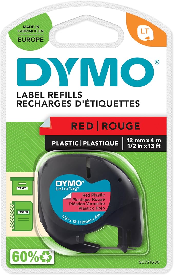 Dymo S0721630 LetraTag Plastic Tape, Self-Adhesive, 12 mm x 4 m Roll - Black Print on Red