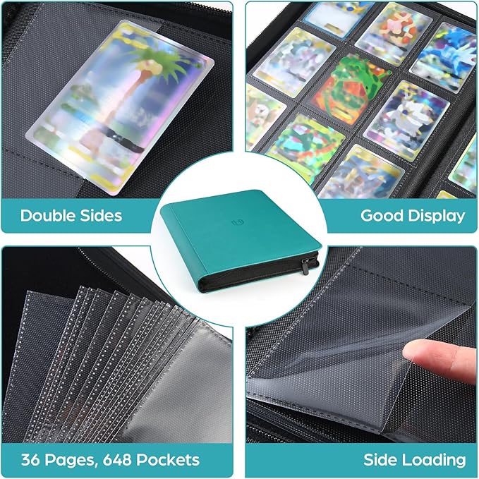Card Binder 9 Pocket with Zipper, 648 Pockets Trading Card Holder Book, Premium PU Cover Zip Folder Binder, Side Loading Carrying Case Binder Album for TCG, MTG, Sports Cards, Game Cards (Teal)