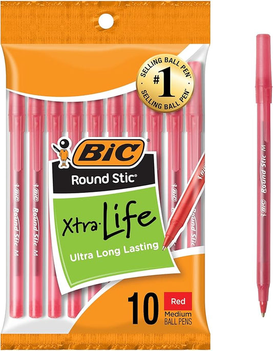 BIC Round Stic Xtra Life Red Ballpoint Pens, Medium Point (1.0mm), 10-Count Pack of Bulk Pens, Flexible Round Barrel for Writing Comfort, No. 1 Selling Ballpoint Pens