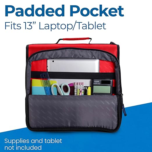 Case-it Universal Zipper Binder | 2-Inch O-Rings,13-Inch Laptop/Tablet Padded Pocket,400 Sheet Capacity,Multiple StoragePockets & Shoulder Strap | School & Office Organizer | LT-007 Fire Engine Red
