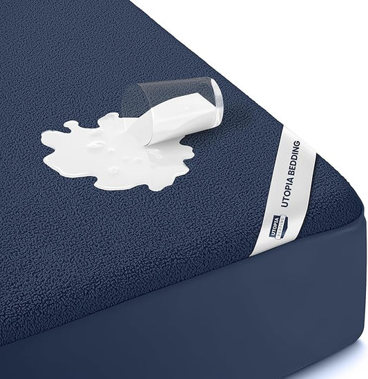 Utopia Bedding Waterproof Mattress Protector Twin Size, Premium Terry Mattress Cover 200 GSM, Breathable, Fitted Style with Stretchable Pockets (Navy)