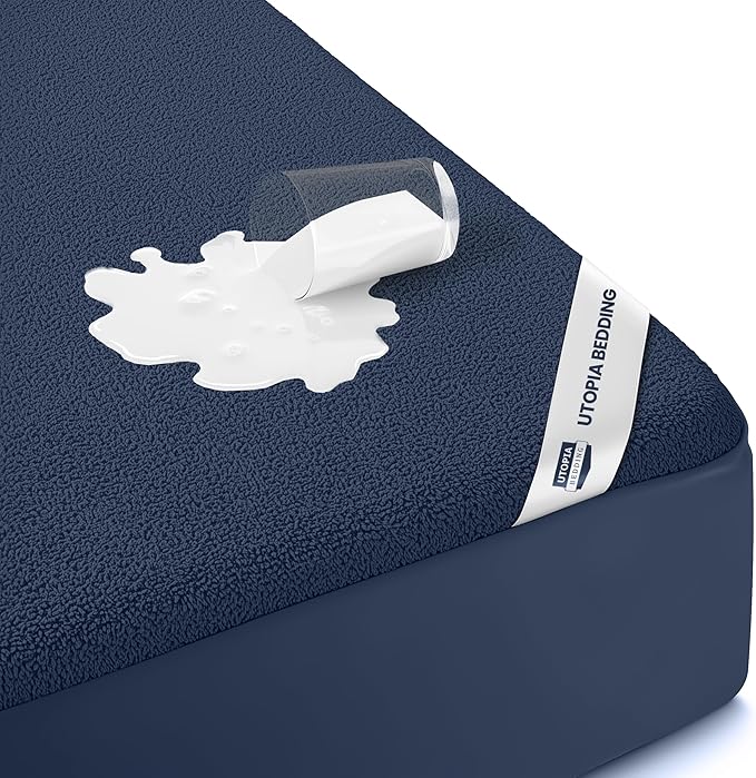Utopia Bedding Waterproof Mattress Protector Queen Size, Premium 200 GSM Terry Mattress Cover, Soft & Breathable Bed Cover, Fitted Sheet Style with Stretchable Deep Pockets 17" (Navy Blue)