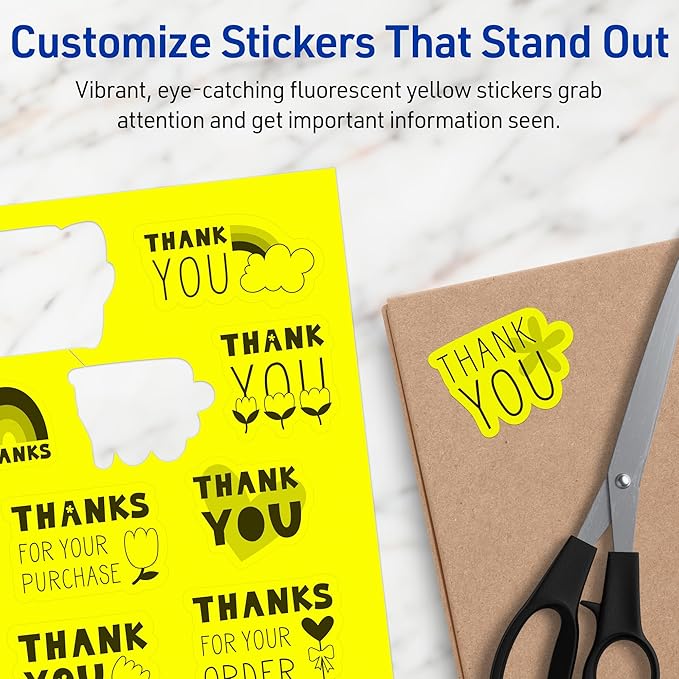 Avery Printable Sticker Paper, 8-1/2" x 11", Full-Sheet Labels, Neon Yellow Labels, Laser/Inkjet Printable, 10 Total, Great for Packaging and Stickers