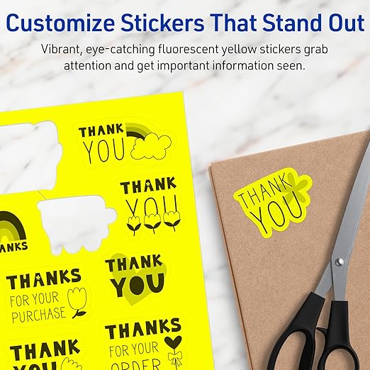 Avery Printable Sticker Paper, 8-1/2" x 11", Full-Sheet Labels, Neon Yellow Labels, Laser/Inkjet Printable, 20 Total, Great for Packaging and Stickers