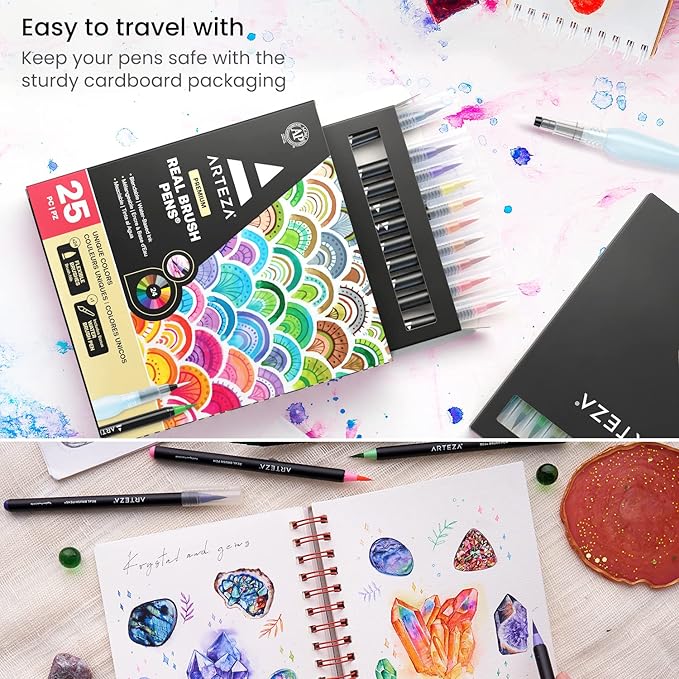 ARTEZA Watercolor Paint Pens, 24 Watercolor Brush Pens with Flexible Nylon Brush Tips, Paint Markers for Artists, and Beginners