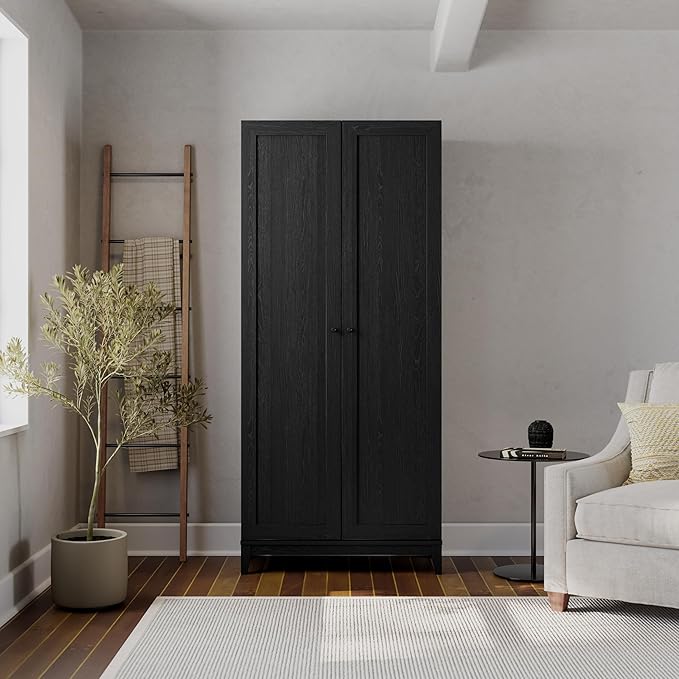 Prepac Yaletown 72" Tall Storage Cabinet with Wood Legs, Pantry Cabinet with 3 Adjustable Shelves, Bathroom, Kitchen and Home Organization in Black Oak, 16" D x 32" W x 72" H
