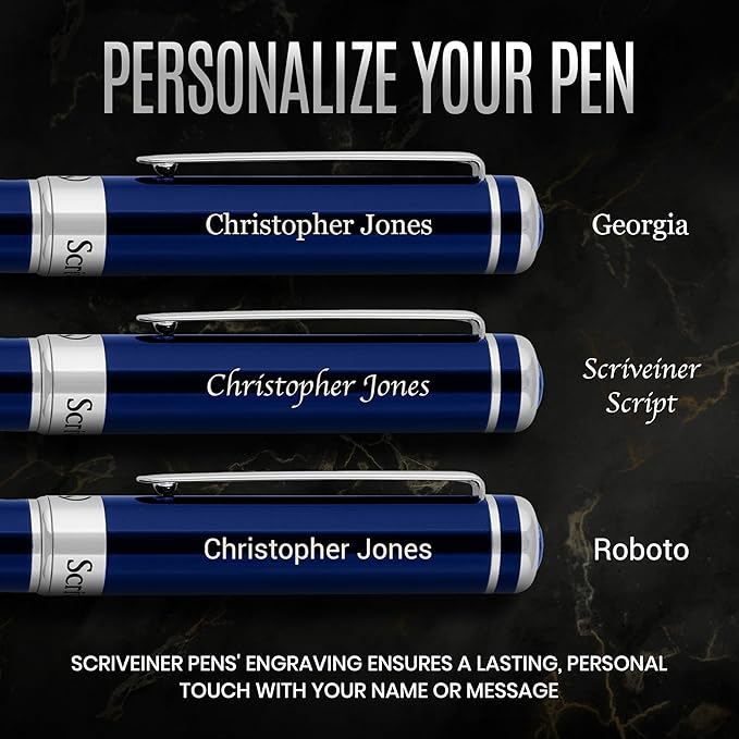 Scriveiner Personalized Midnight Blue Fountain Pen - Stunning Blue Lacquer Luxury Pen, Chrome Finish, German Schmidt Nib (Medium), Best Engraved Pen Gift Set for Men & Women, Name Engraving