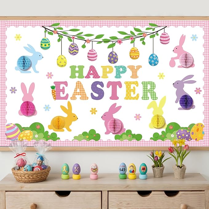 Pajean Happy Easter Bulletin Board Set 3D Honeycomb Classroom Decoration Easter Bunny Egg Cutouts Spring Bulletin Board Classroom DIY Craft Kit for Party School Chalkboard Home Door Wall Window