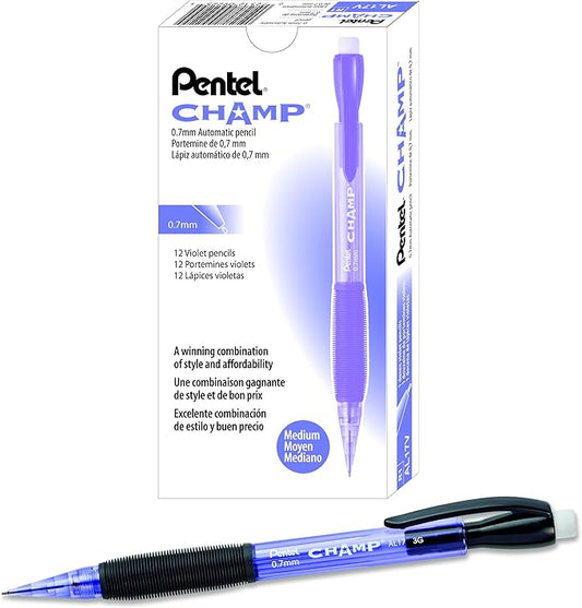 Pentel CHAMP Mechanical Pencil, (0.7mm), Violet Barrel, Box of 12 (AL17V)