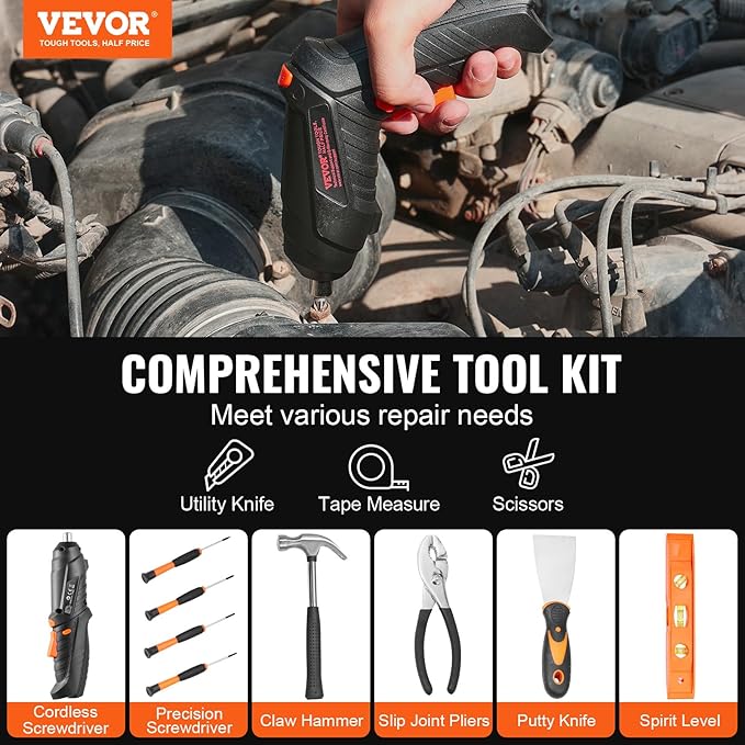 VEVOR Tool Kit, 96 Piece General Household Hand Tool Set, with Cordless Screwdriver and Portable Tool Storage Case, Steel, for Home Maintenance, DIY Projects, and Automotive Repair