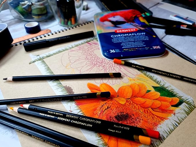 Derwent Chromaflow Colored Pencils 36 Tin, Set of 36, 4mm Wide Core, Multicolor, Smooth Texture, Art Supplies for Drawing, Blending, Sketching, Adult Coloring, Premier, Professional Quality (2306012)