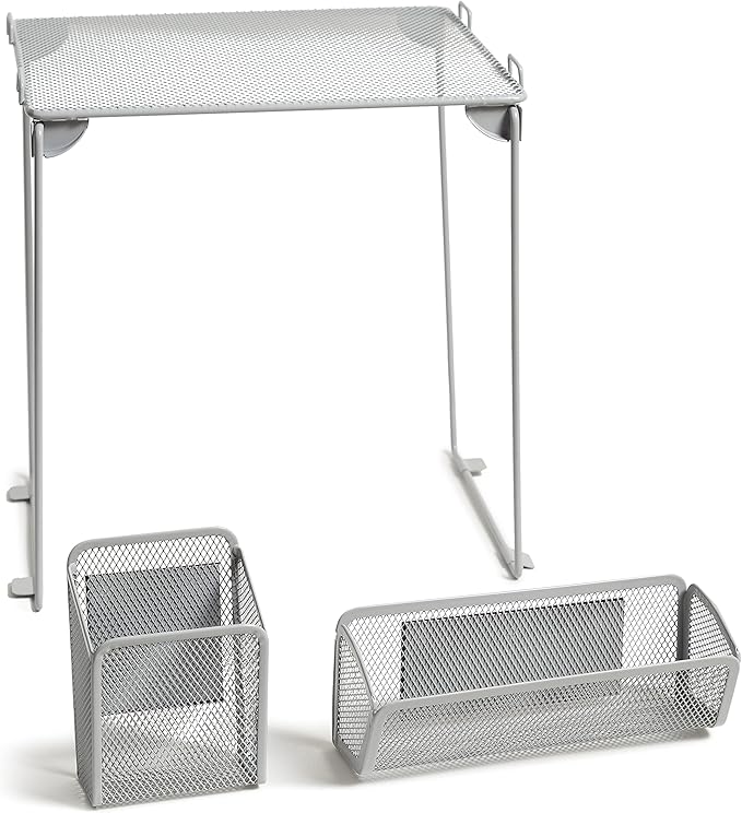 U Brands Mesh Locker Organization Kit, Includes Magnetic Cup, Folding Shelf and Bin, 3 Pieces (Grey)