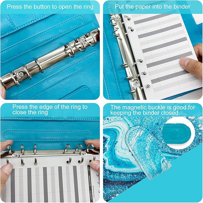 A6 Refillable 6 Ring Faux Leather Budget Binder,Mini Notebook Binder Cover for A6 Filler Paper,Loose Leaf Personal Planner Cover with Magnetic Buckle Closure (Marble Blue)
