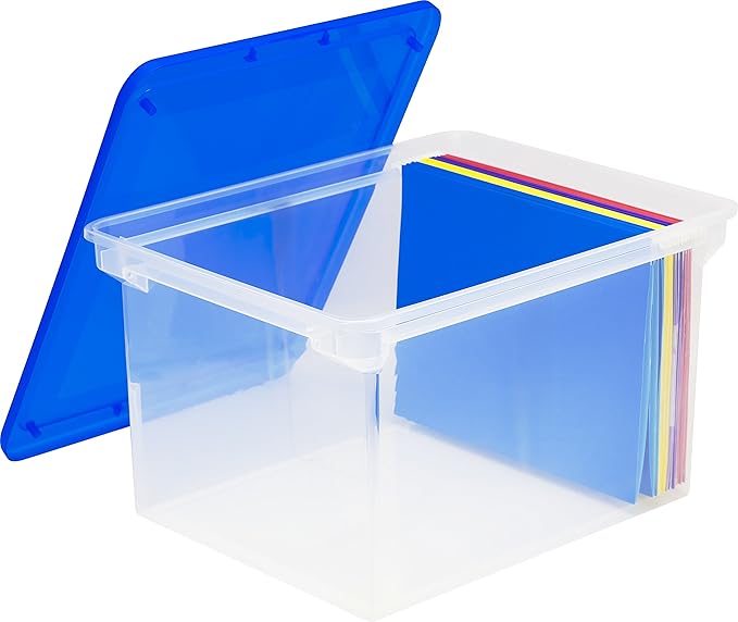 Storex Plastic File Tote Storage Box with Snap-On Lid, Letter/Legal Size, Clear/Blue (61508A01C)