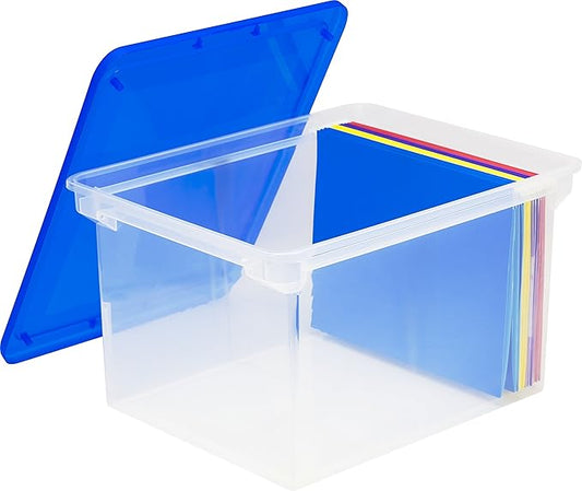 Storex Plastic File Tote Storage Box with Snap-On Lid, Letter/Legal Size, Clear/Blue (61508A01C)