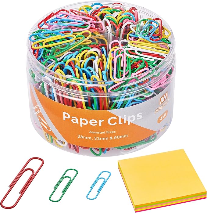 NEEWAY 450pcs Paper Clips Assorted Sizes with 100 Sheets Sticky Notes Set, Colored Paperclips for Office Document Organizing