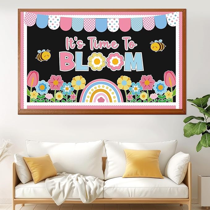 Spring Flower Bloom Bulletin Board Classroom Spring Bulletin Board Decorations Colorful Flower Bulletin Board with Rainbow Floral Paper Cutout Bee Cutouts for Classroom Door Wall Decor
