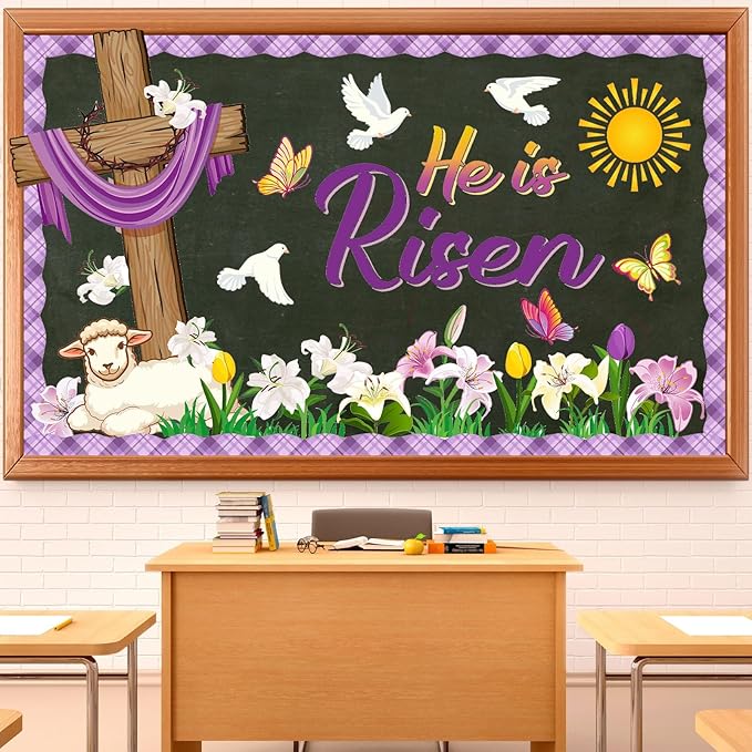 Pajean Easter Bulletin Boards Easter Classroom Decor Christian Religious Bulletin Board He is Risen Cross Bunny Egg Cutouts for Spring School Home Church Wall Door(Cross)
