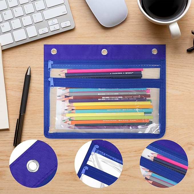 YoeeJob 24 Pack Zipper Pencil Pouches for 3 Ring Binder, 1.5 Inch Expandable with 2 Pockets and Clear Window for School and Office （Blue）