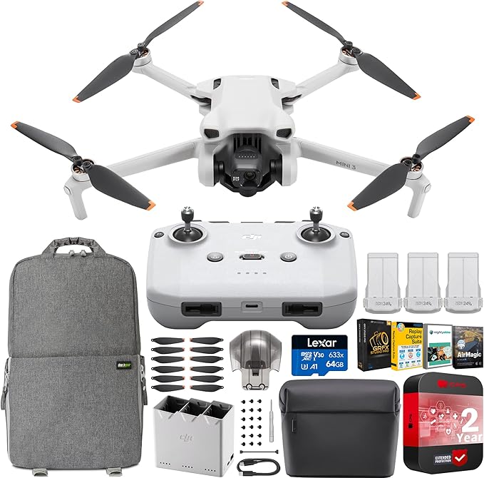 DJI Mini 3 Camera Drone Quadcopter + RC-N1 Controller (No Screen) + Fly More Kit, 4K Video, 38min Flight Time, True Vertical Shooting, Intelligent Modes Bundle with Deco Gear Backpack + Accessories