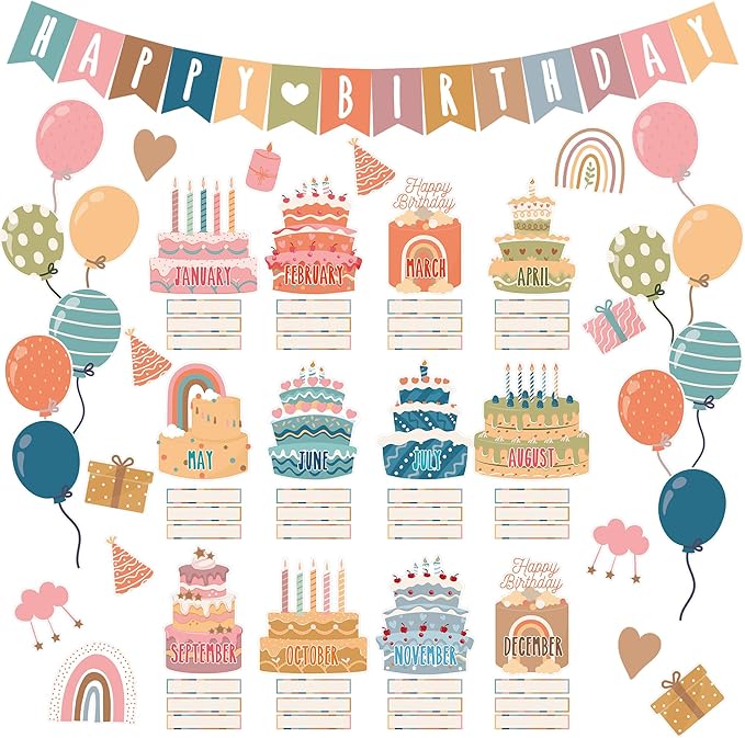 87 Pcs Boho Birthday Bulletin Board Decorations Boho Classroom Bulletin Decor Happy Birthday Board Cutouts for School Classroom Chart Calendar Wall Decor