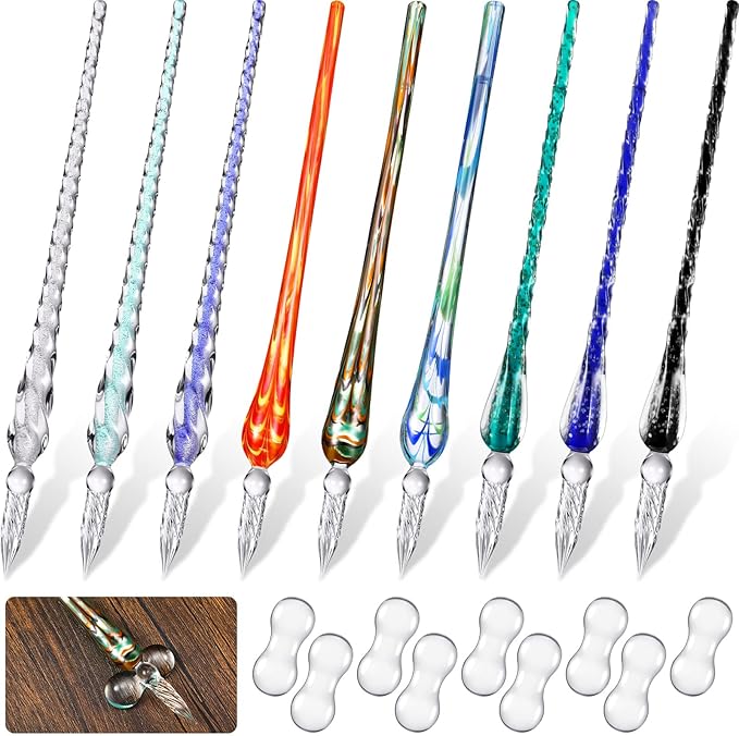 Outus 9 Pieces Glass Dip Pen Handmade Glass Signature High Borosilicate Crystal Vintage Dip Pen with 9 Pieces Penholder for Writing Drawing Calligraphy(Fashion Style,Mixed Color)