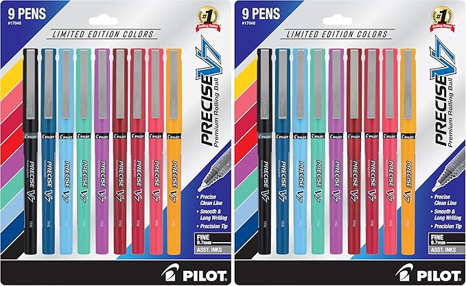 PILOT Precise V7 Capped Liquid Ink Rollerball Pens,Fine Point Ink Pens 0.7 mm,Colored-Pens,Limited Edition Assorted Colors,- Ideal for School,Journaling,& Office Writing,9 Count (Pack of 2)
