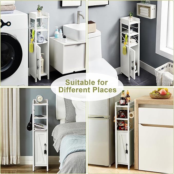 VECELO Small Bathroom Cabinet,Slim Toilet Paper Holder with Door & 2 Shelves,Narrow Storage Organizers Fenced Top Waterproof Coating for Restroom Bathroom in Tiny Space,White
