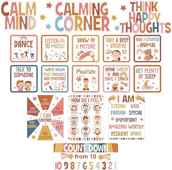 Pajean Calm Down Corner Bulletin Board Set for Classroom Decoration Feelings Chart Mental Health Feeling Management Poster for Kindergarten Emotions Poster Decor School(Boho Colors)