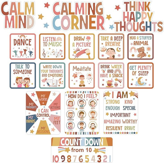 Pajean Calm Down Corner Bulletin Board Set for Classroom Decoration Feelings Chart Mental Health Feeling Management Poster for Kindergarten Emotions Poster Decor School(Boho Colors)