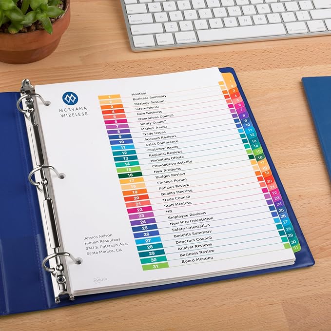 Avery 1-31 Dividers for 3 Ring Binders, 31 Tabs per Set, Customizable Table of Contents, Multicolor Tabs, Great for Organizing Reports, Projects, and More (3 Sets of 44129)