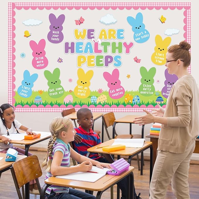 Easter Health Bulletin Board Set Easter Health Habits Classroom Decoration Spring Bunny Rabbit Good Habit Paper Cutouts Spring Classroom Decoration for Spring School Chalkboard Wall Decor Supplies