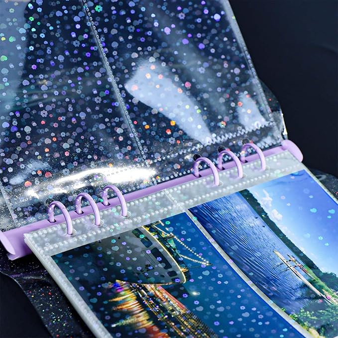 A5 Photocard Sleeves 20pcs Sheet Protectors 5.2'' x 3.7'' 2 Pocket Picture Card Insets Flower Flashing Clear PP Photo Album Refill Pages for 6 Ring Binder (Flower Flashing, A5-2Pocket)