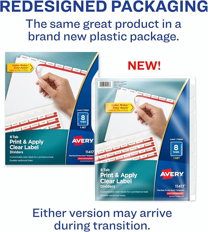 Avery 8 Tab Dividers for 3 Ring Binder, Easy Print & Apply Clear Label Strip, Index Maker Customizable White Tabs, 1 Set (11417)