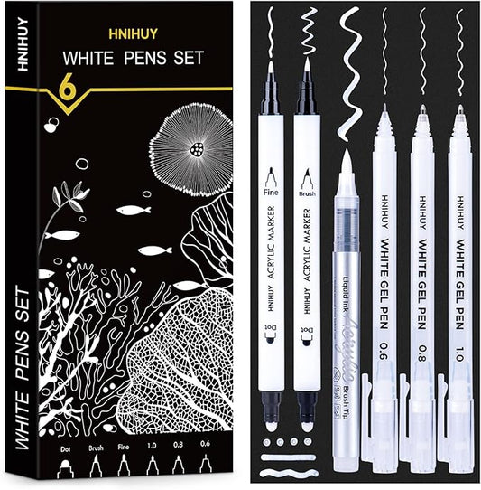 HNIHUY White Ink Pens, Fine Point White Gel Pens, Brush Tip Acrylic Markers, Dual-Tip Opaque Paint Pens for Black Paper Drawing, Sketching, Illustration, Card Making, 6 Pack