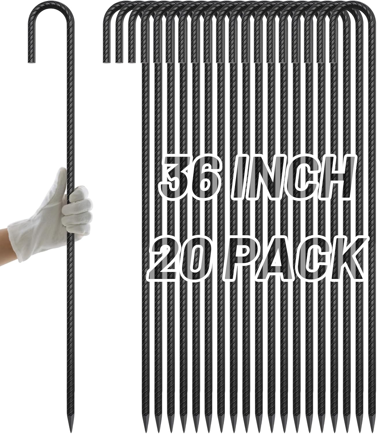 AAGUT 20 Pack Rebar Stakes J Hook 36 inch Heavy Duty Trampoline Stakes Steel Ground Anchors with Chisel Point End for Camping Tent Canopy and Chain Link Fence,Black