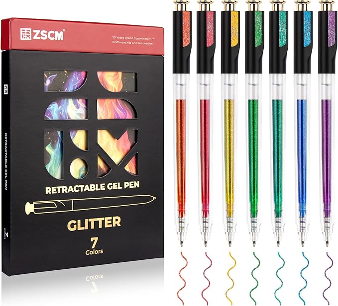 Retractable Glitter Gel Pens, 7 Colors Large Capacity Sparkle Shimmer Gel Ink Pens for Adult Coloring, 1.0 mm Fine Point Smooth Writing Color Pen for Party Decor Note Taking Aesthetic Art Supplies